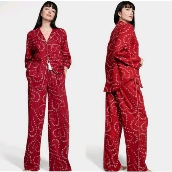 Victoria's Secret Flannel Long Pajama Set red swirl heart pattern. size XL 2PC - Picture 1 of 6